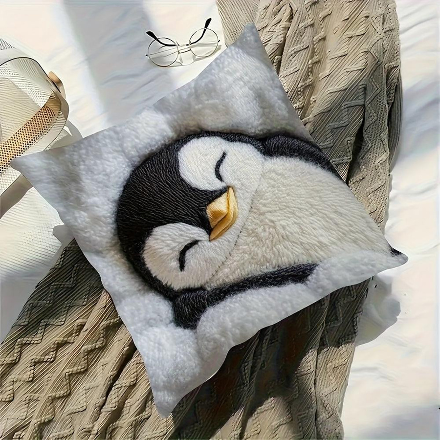 Weiche Kissenhülle mit 2D gesticktem Schlaf-Pinguin Aufdruck, Peach Skin Material, B/B/H: 18 x 18 x 1 cm, Mehrfarbig - Bild 4