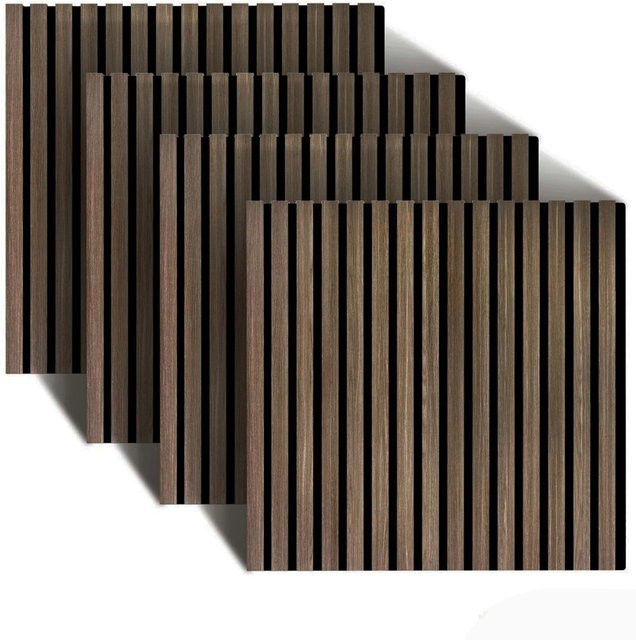 Relaxdays Akustikpaneele 4er Set mit Lamellen-Design aus MDF und PET in Eiche Dunkel, B/H: 60 x 60 cm, Tiefe: 1,8 cm - Bild 1