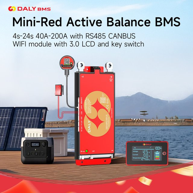 DALY Smart BMS mit LCD und aktivem Balancer für LiFePo4 Batterien, Farbe: Rot, Kompatibel mit 4S bis 16S, 12V/24V/48V, Optionen für 1A, RS485, UART, WIFI und KEY - Bild 1