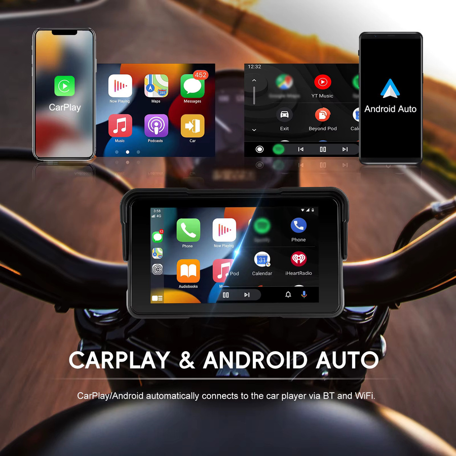 Podofo 5 Zoll HD-Bildschirm Tragbarer Smart Player für Motorräder mit Android Auto und Apple CarPlay, IP68 Wasserdicht, Schwarz - Bild 2