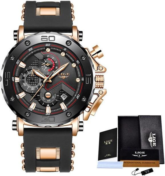 LIGE Armbanduhr, Digitaluhr, Quarz, Edelstahl, Silikon, Schwarz/Gold, Herren - Bild 1