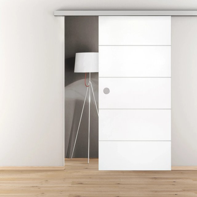 Novadoors Holzschiebetür-Set Ontario in Bianco Weißlack mit 4-Linien Design und Soft-Einzug - Bild 1
