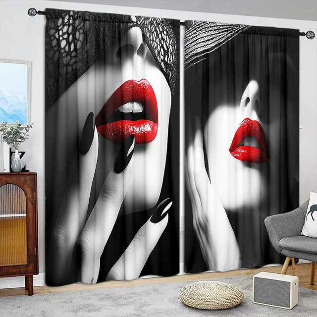 2er-Set Vorhang mit Lippen-Print in Rot und Schwarz, halbtransparent, B: 132 cm, H: 160 cm - Bild 1