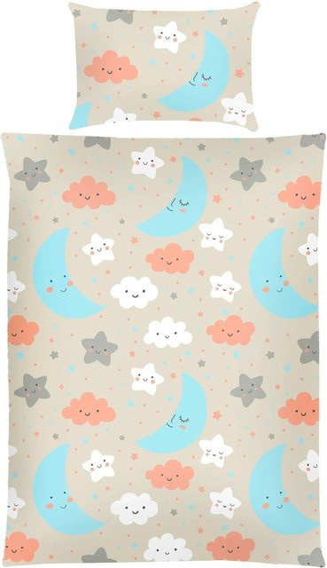 Bestlivings Kinder Bettwäsche Set aus Baumwolle mit Mond, Sternen und Wolken in Blau, Grau und Weiß, B/H: 135 x 100 cm & 60 x 40 cm - Bild 1