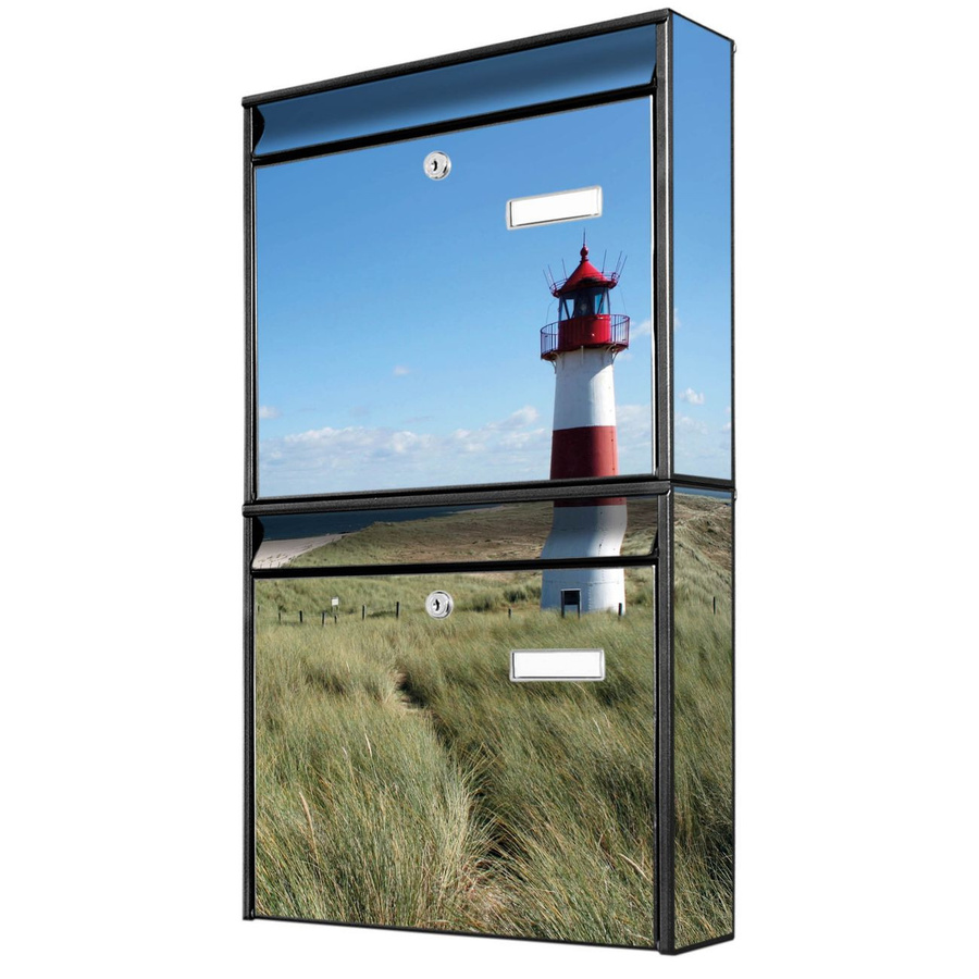 banjado Burg Wächter Doppelbriefkastenanlage in Schwarz mit Leuchtturm-Motiv, B/H/T: 64,5 x 36,2 x 10,0 cm - Bild 1
