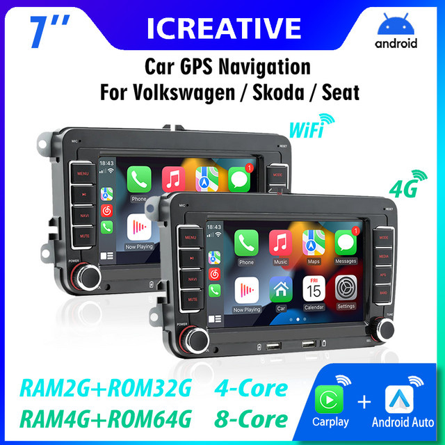 Icreative 4G Android Autoradio mit Wifi, GPS und Navigation für Volkswagen Golf Polo Jetta Passat B6 B7 CC, Skoda und Seat, Schwarz - Bild 1