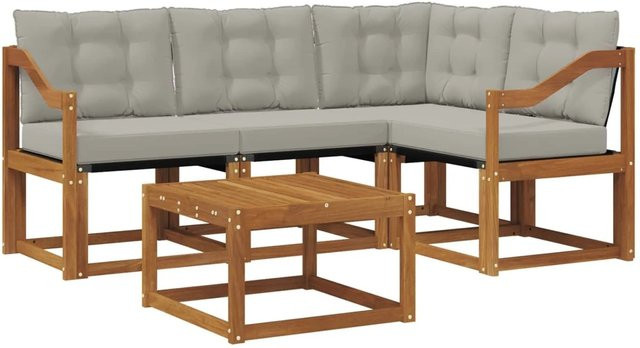 vidaXL Outdoor-Sofagarnitur 5-teilig L-Form aus Akazienholz und Textilene in Natur und Grau mit Kissen - Bild 1