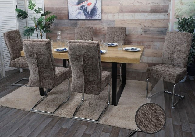 6er-Set Esszimmerstühle MCW-G56 Freischwinger aus Metall und braunem Chenille-Stoff - Bild 1