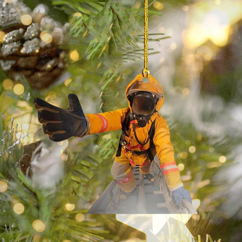 Hängendes Weihnachtsbaum Ornament aus Acryl mit Mini Feuerwehrmann Figuren als Anhänger für Auto Rückspiegel und Dekoration - Bild 4