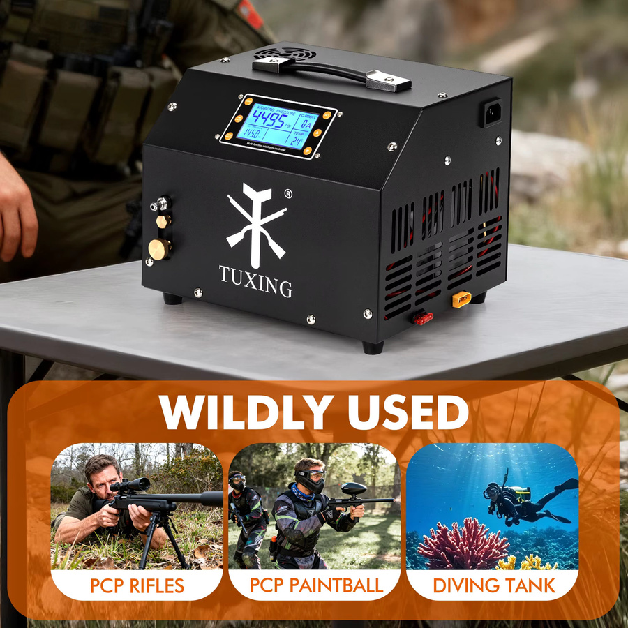 TUXING TXET063 PCP Luftkompressor in Schwarz mit integrierter Stromversorgung, LCD-Display und digitaler Steuerung für Luftgewehre und Tauchanwendungen (300 Bar / 30 MPa / 4500 Psi) - Bild 4
