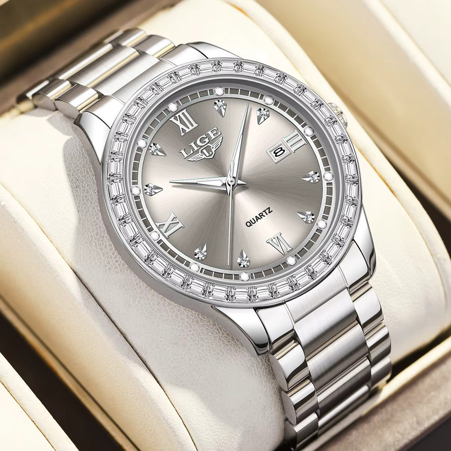 LIGE Armbanduhr, Quarz, Edelstahl, Diamantbesetzt, Grau, Damen - Bild 5