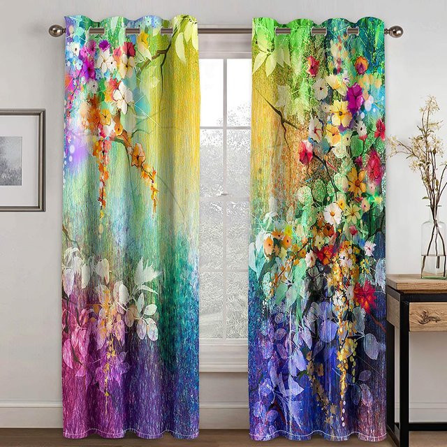 Elegante moderne Vorhänge mit Blumenmuster in Multicolour, 2er-Set, semi-transparent, mit Ösen, Breite: 75 cm, Höhe: 166 cm - Bild 1