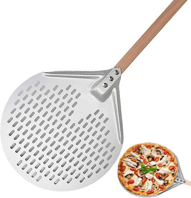 Runde Pizzaschale von PGY aus eloxiertem Aluminium mit Holzgriff, perforiertes Pizzapaddel in Silber, Durchmesser: 35,56 cm - Bild 1