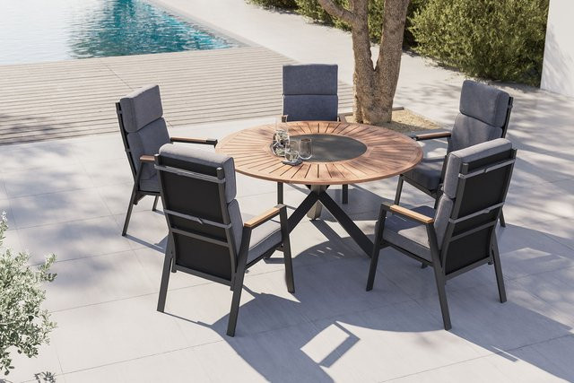 OUTFLEXX Trondheim Garten-Essgruppe in Anthrazit mit Teakholz und Polstern, Durchmesser: 150 cm, Höhe: 75,5 cm - Bild 1