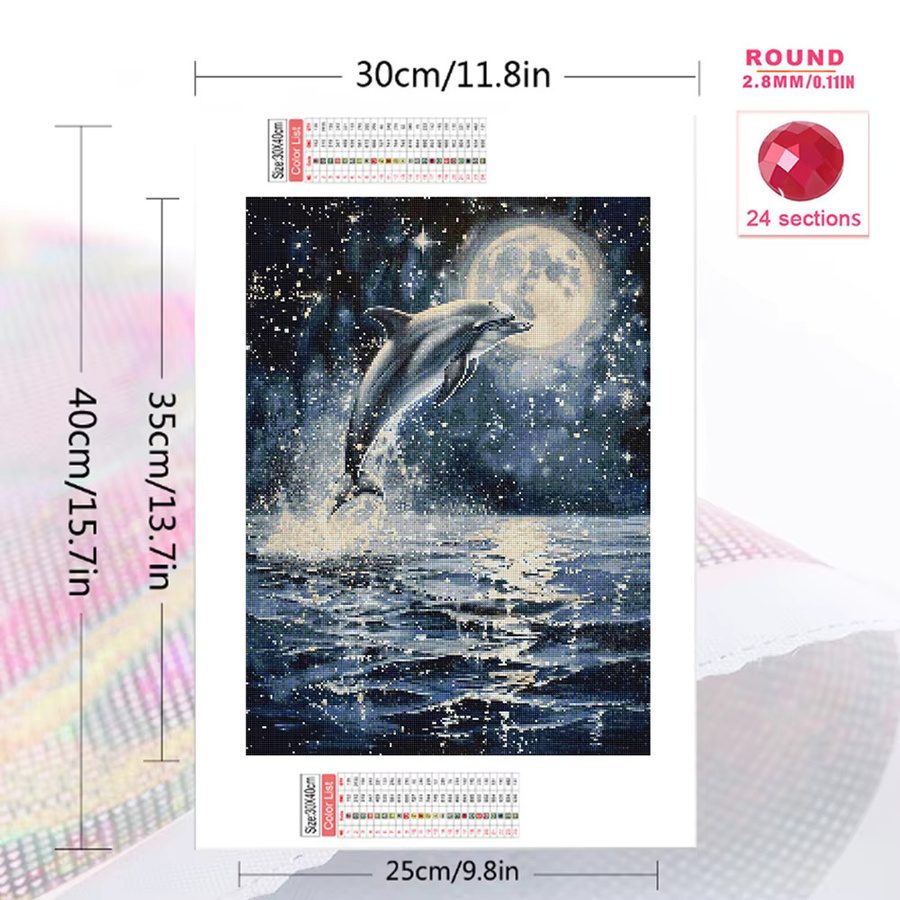 Momoart Diamant-Stickerei Set Delphin und Mond, DIY Bastelset für Anfänger, Multicolour, B/H: 30 x 20 cm - Bild 2