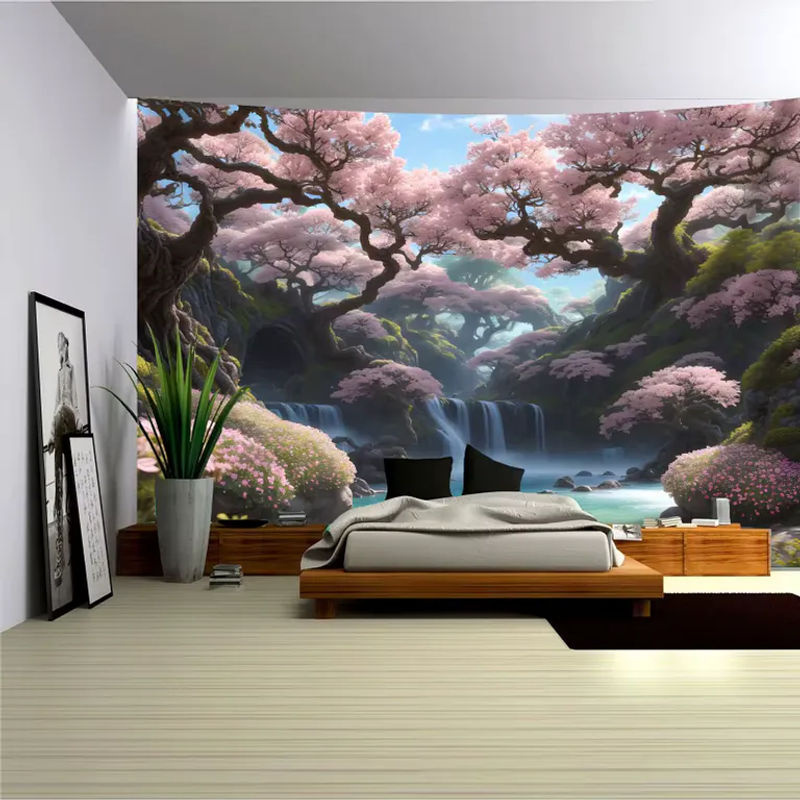 VIKAMA Wandteppich Kirschblüten und Wasserfall, Japanische Landschaft als Wanddekoration, mehrfarbig, B/H: 60 x 40 cm - Bild 3