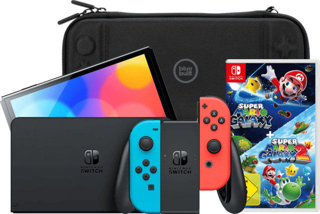 Nintendo Switch OLED Handheld Konsole Blau/Rot inklusive Super Mario Galaxy 1+2 und BlueBuilt Schutzhülle - Bild 1