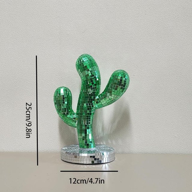 Retro Disco Kaktus Ornament in Grün, Handgemachtes Deko-Element für dein Wohnzimmer, Tischdekoration aus Glas und Schaumstoff, Höhe: 12,0 cm, Breite: 12,0 cm, Tiefe: 25,0 cm - Bild 1