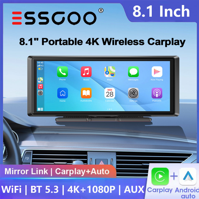ESSGOO 4K Tragbares Universal-Carplay Autoradio mit Android Auto, Bluetooth, AUX und Mirror Link, Schwarz, 8,1 Zoll - Bild 1