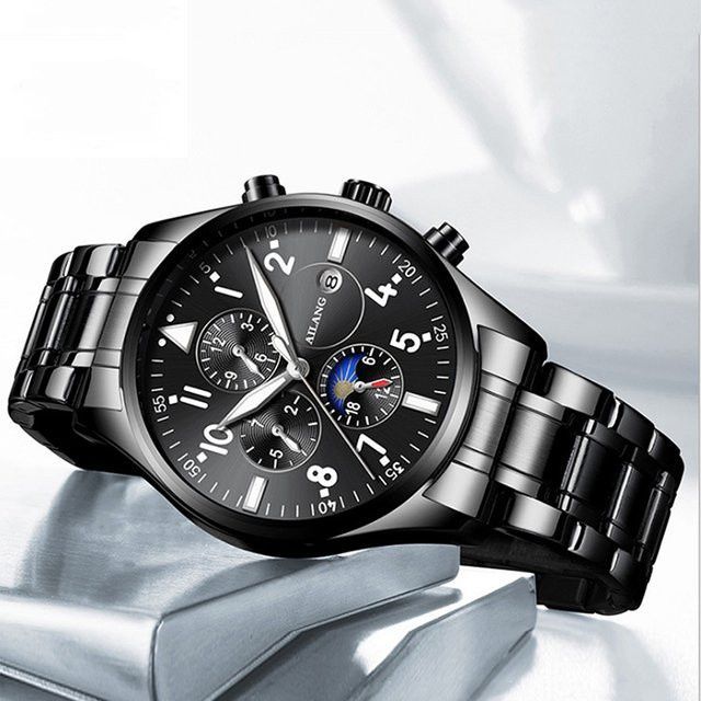 AILANG Armbanduhr Automatik, Edelstahl, Schwarz, Herren, Mondphase, Datum - Bild 1