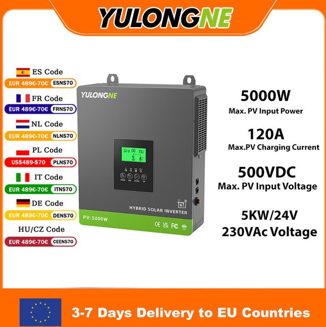 YULONGNE Hybrid-Solarwechselrichter 3300W 24V DC zu 230V AC mit 120A MPPT-Solarladeregler, Reine Sinuswelle, Grau - Bild 1