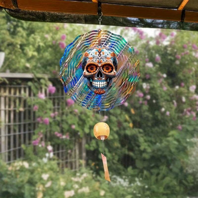 CIFBUY Zuckerschädel-Windspiel aus Metall in Multicolour, 25,4 cm Durchmesser, lasergeschnitten und 360 Grad drehbar für den Außenbereich und Halloween - Bild 2