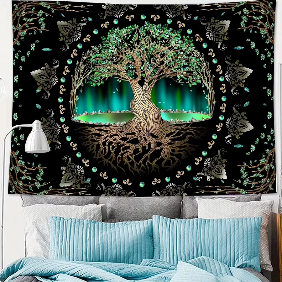 VIKAMA Aurora Baum des Lebens Wandteppich mit Sternenhimmel und floralem Muster, Multicolour, Breite: 75 cm, Höhe: 58 cm - Bild 2