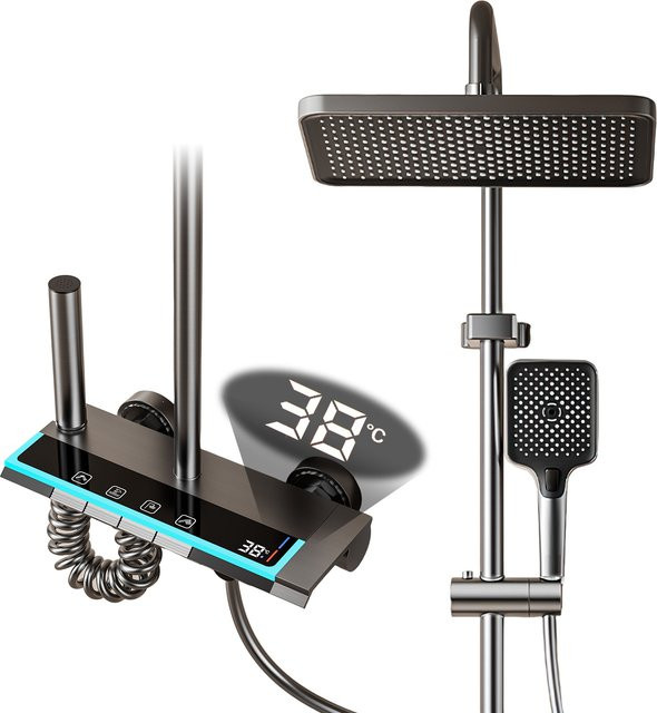 DWiusty 4-Funktionen-Duscharmatur-Set mit Smart-Digitalanzeige, Regenduschsystem, Klaviertasten, Ambientebeleuchtung und Duschkopf in Chrom - Bild 1