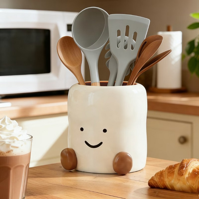 Multifunktionale Smiley-Gesicht Aufbewahrungsbox aus Keramik in Weiß für Besteck, Stäbchen oder Make-up-Pinsel - Bild 1