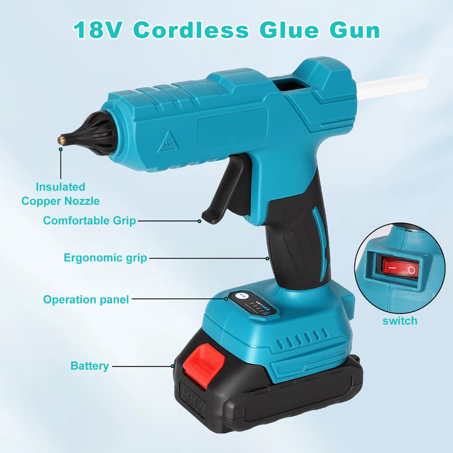WUIETI Kabellose Heißklebepistole 100W in Blau, kompatibel mit Makita 18V Akku, für 11mm Klebesticks, tragbares DIY-Werkzeug - Bild 3