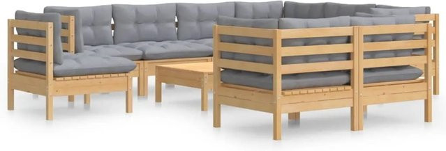 vidaXL 10-tlg. Garten-Lounge-Set aus massivem Kiefernholz in U-Form mit grauen Polstern und Kissen - Bild 1