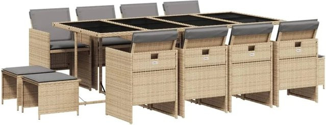 vidaXL 13-teilige Garten-Essgruppe aus Poly Rattan mit Kissen in Beige, Schwarz und Grau mit Hartglas-Tischplatte - Bild 1