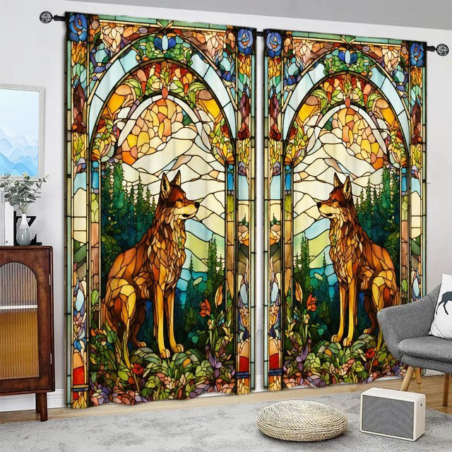 2er-Set Farbglas Vorhang mit Wolfsdruck in Braun, halbtransparentes Fensterdekor aus Polyester, Breite: 52,5 cm, Höhe: 116 cm - Bild 1