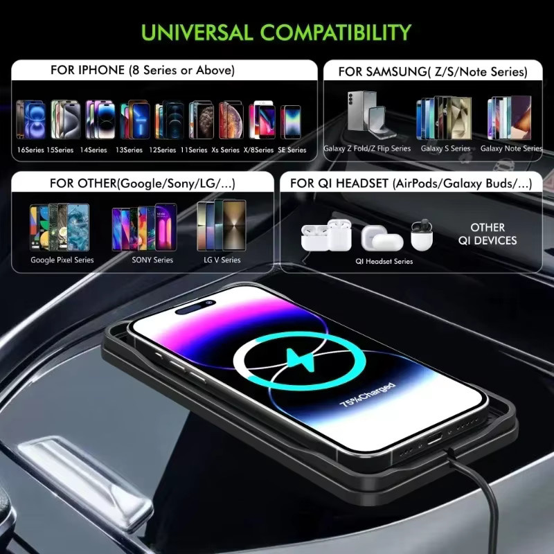 VIKEFON Drahtloses Auto-Ladegerät mit USB-A und USB-C Kabel, Schnelle Ladestation in Schwarz für iPhone, Samsung, Xiaomi und AirPods Pro 2 - Bild 4