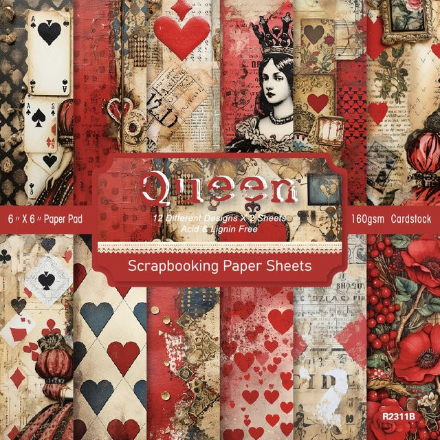 Designpapier Königin der Herzen in Rot, 24 Blatt Papierblock für Scrapbooking und Bastelarbeiten, B/B: 15,2 x 15,2 cm - Bild 1