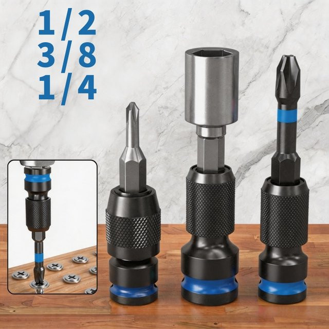 Universelles Schlagschrauber-Adapter Set mit 1/4, 3/8 und 1/2 Sechskant-Steckschlüssel-Adaptern und Schnellwechsel-Bit-Halter in Schwarz und Multicolour - Bild 1
