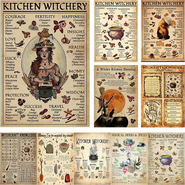 Potdemiel Vintage Halloween Hexe und Katze Leinwand Wandkunst Mehrfarbig - Bild 1