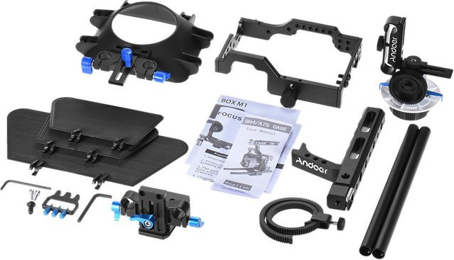 Andoer C500 Kamera Camcorder Video Cage Rig Kit Filmemachsystem aus Aluminiumlegierung mit Matte Box, Follow Focus und Griff in Schwarz - Bild 1