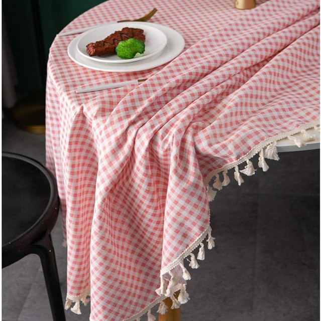 Inyahome Tischdecke aus Baumwolle, rot kariert, rechteckig mit Quasten, knitterfrei und waschbar - Bild 1