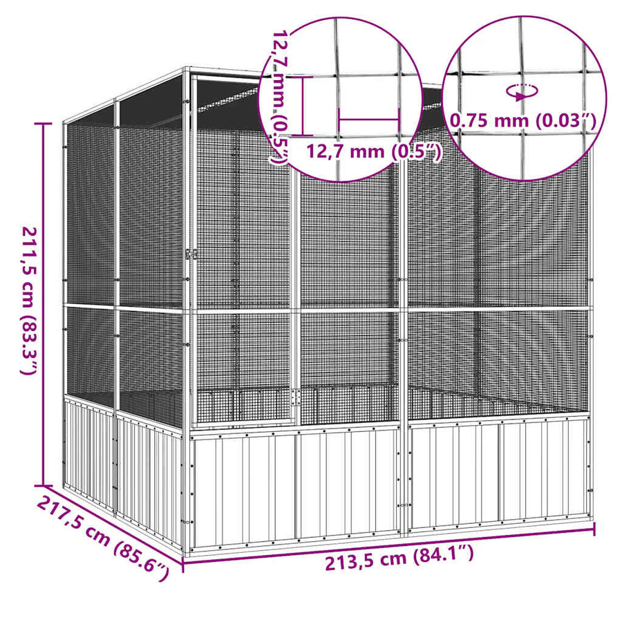 vidaXL Vogelkäfig Voliere aus verzinktem Stahl in Grau, B/T/H: 213,5 x 217,5 x 211,5 cm - Bild 2