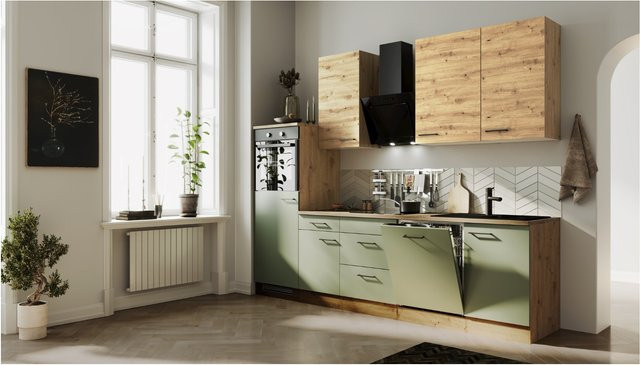 Flex-Well Exclusiv Küchenzeile Cara in Schilfgrün matt und Artisan Eiche, Breite: 280 cm - Bild 1