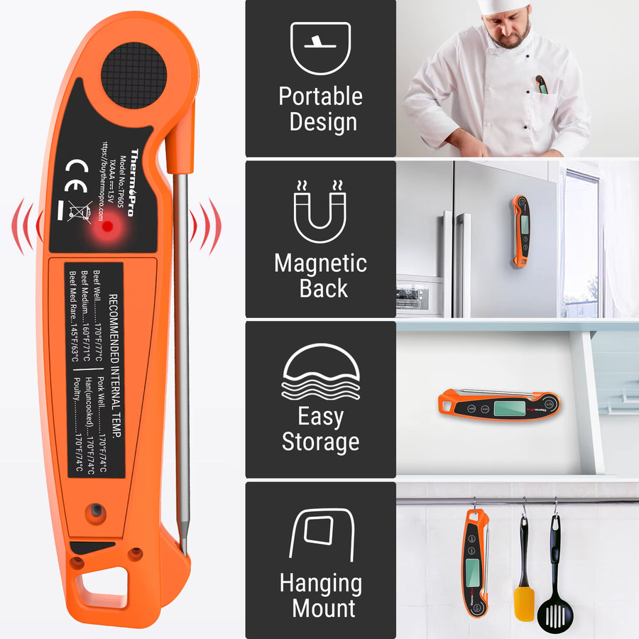ThermoPro TP605 Digitales Grillthermometer in Schwarz mit Hintergrundbeleuchtung und Kalibrierungsfunktion zur Temperaturkontrolle - Bild 5