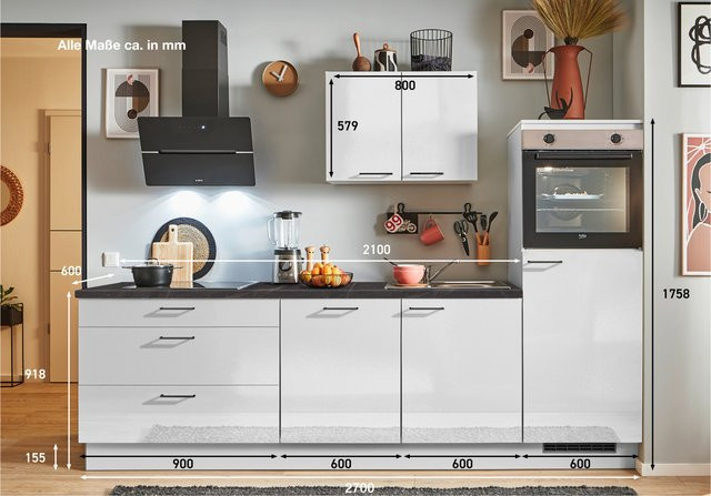 Beco Küchenzeile PINO Classic in Lichtgrau Hochglanz mit integrierter Beleuchtung und Elektrogeräten, Breite: 270 cm - Bild 1