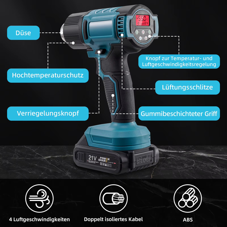 Makita Kabelloser Heißluftfön 350W in Blau mit 3 Düsen und einstellbarer Temperatur - Bild 5