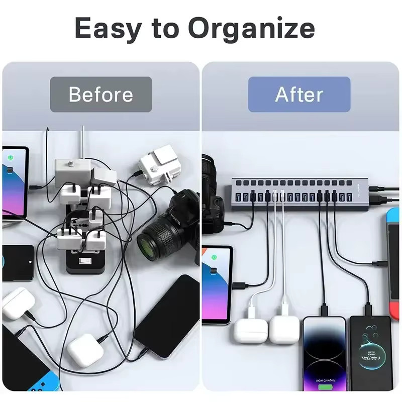 Acasis USB 3.2 Hub mit 16 Anschlüssen in Grau, 10Gbps USB-A und USB-C Splitter aus Aluminium mit Einzelschalter und Stromversorgung für PC und Laptop - Bild 6
