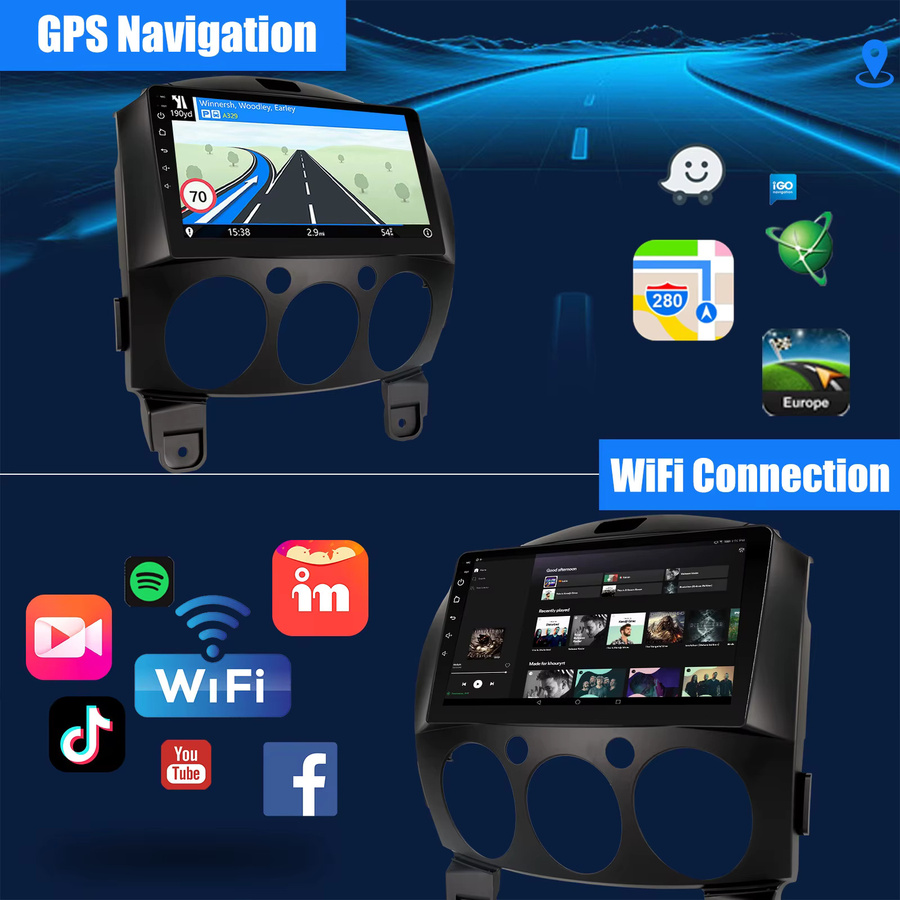 ESSGOO Android 15 Auto Stereo Radio mit 9 Zoll Display, Wireless Carplay und Android Auto, GPS, WiFi, Bluetooth und USB für Mazda 2 2007-13, Schwarz - Bild 2