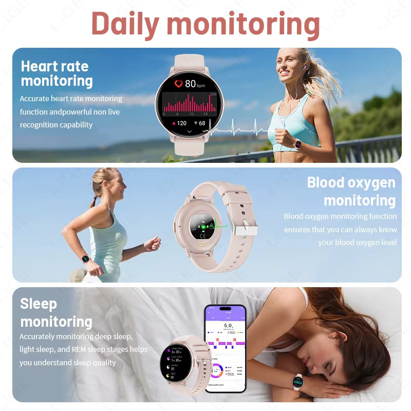 LIGE Smartwatch für Damen und Herren mit Bluetooth Anruf Funktion, Blut-Sauerstoff-Monitor und anpassbaren Zifferblättern, kompatibel mit Android und iOS, Schwarz und Pink - Bild 5