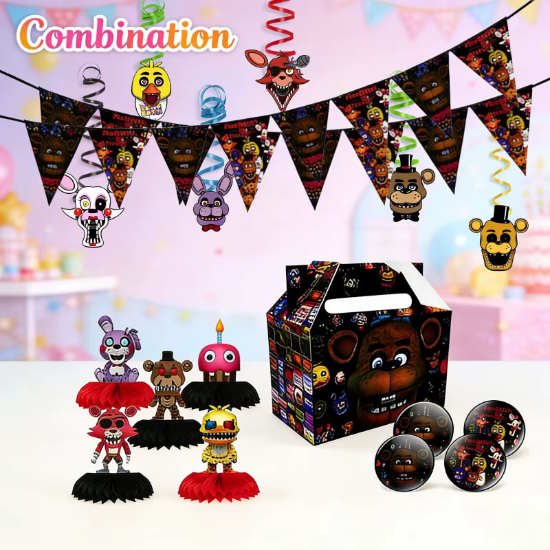 Five Nights at Freddy's Party-Dekorationsset mit Wabenpapier-Boxen, Spiralen und Wimpelketten in Mehrfarbig - Bild 2