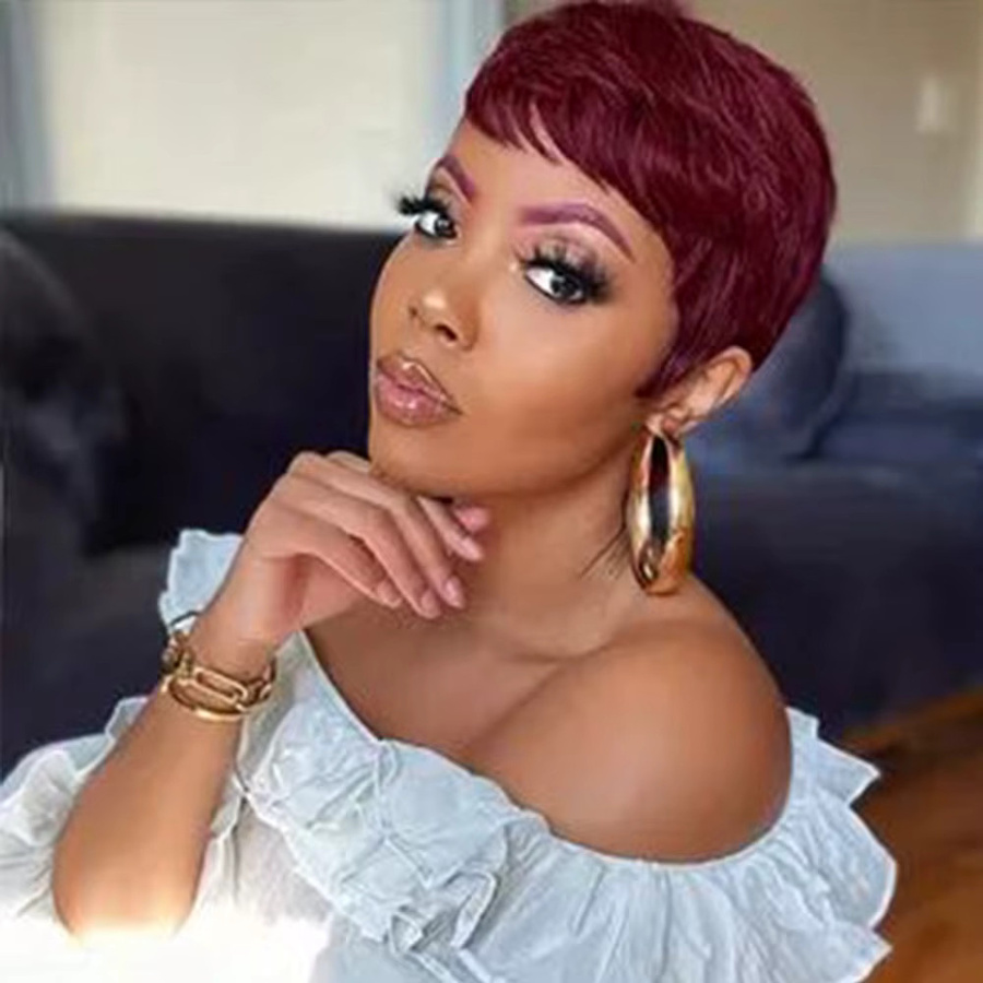 OYM HAIR Pixie-Schnitt-Perücke, kurze geschichtete Echthaar-Perücke, burgunderrot, mit Pony - Bild 3