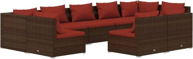 vidaXL 9-tlg. Garten-Lounge-Set in U-Form aus braunem Poly-Rattan mit Kissen und pulverbeschichtetem Stahlgestell - Bild 1